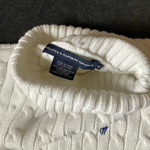 Ralph Lauren Sport CowlNeck Sweater Women Med. White Cable Knit Pullover Cotton - Picture 8 of 12